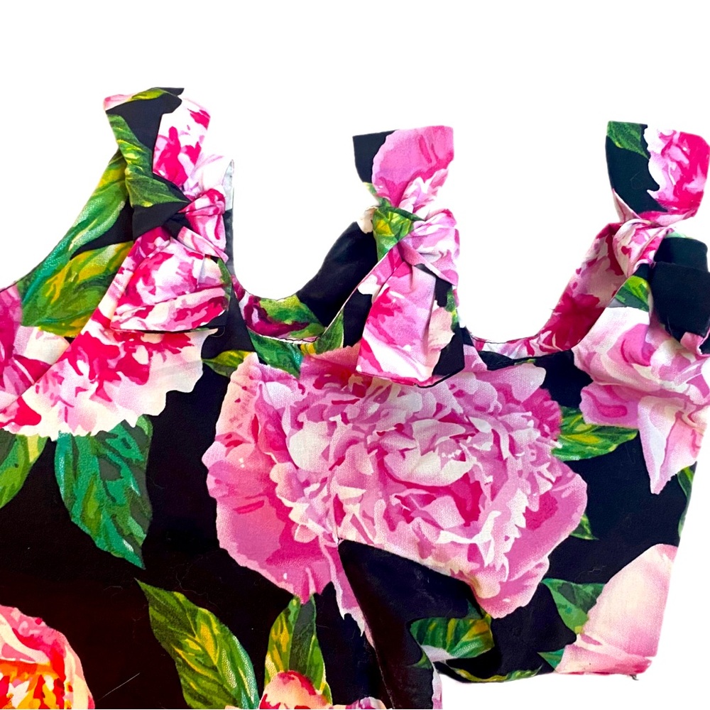 Unique Vintage Bowed Shoulder Fit & Flare Swing Dress Black W/Roses Size L EUC - Picture 5 of 6